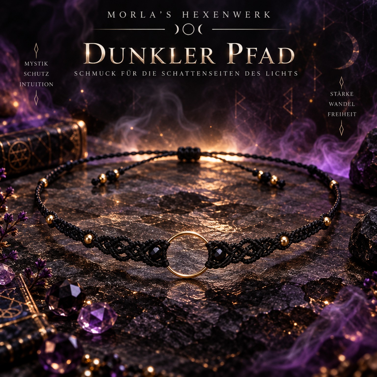 Der Dunkle Pfad, ein schwarzer Makramee-Choker mit goldfarbenem Ring und Perlen
