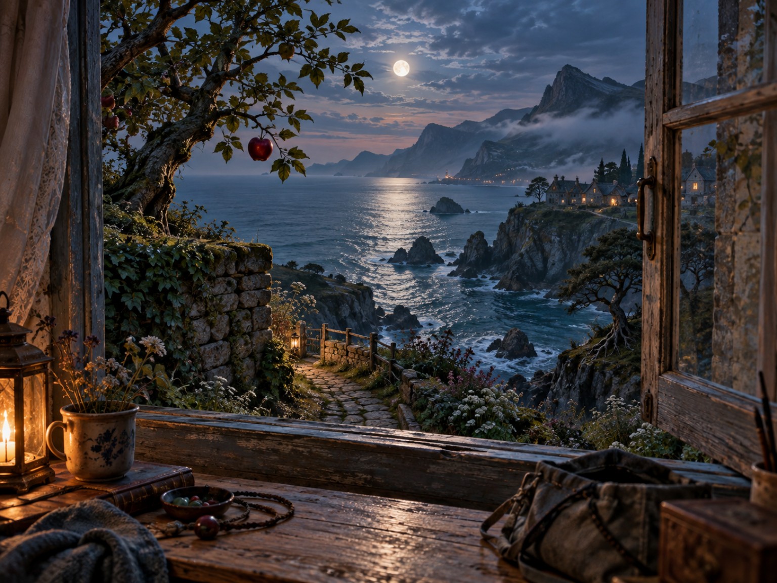 Mondnacht über der Küste, vom Fenster der Pension aus gesehen, mit Apfelbaum, Steinmauer und Meer