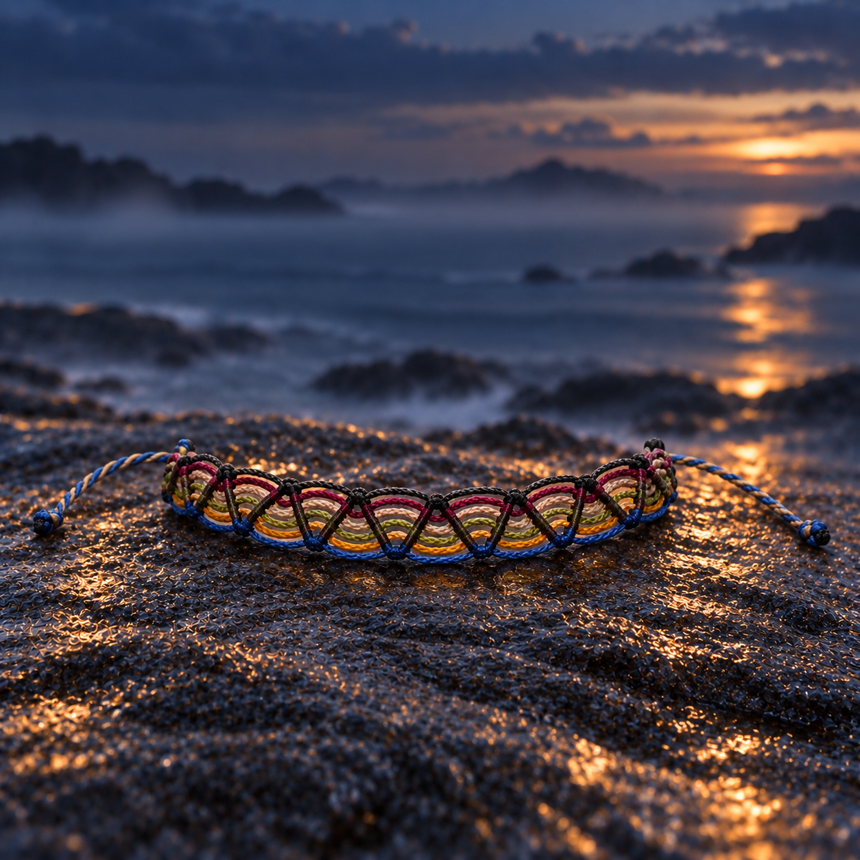 Thread Song Armband, in dem alle sechs Farben des ersten Kapitels miteinander verflochten sind