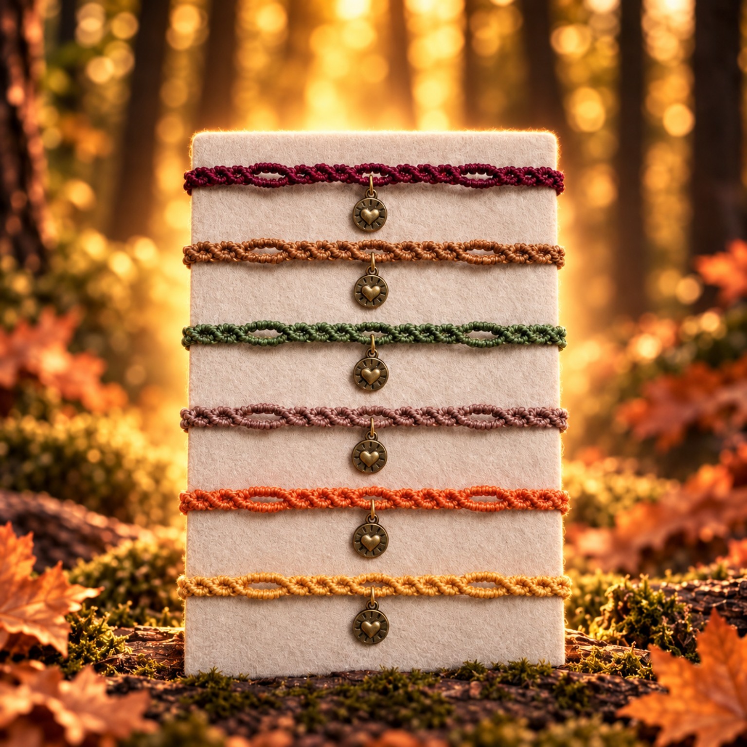 Untere Hälfte mit drei Autumn-Love-Armbändern und Herzanhängern in hellem Braun, Orange und Goldgelb
