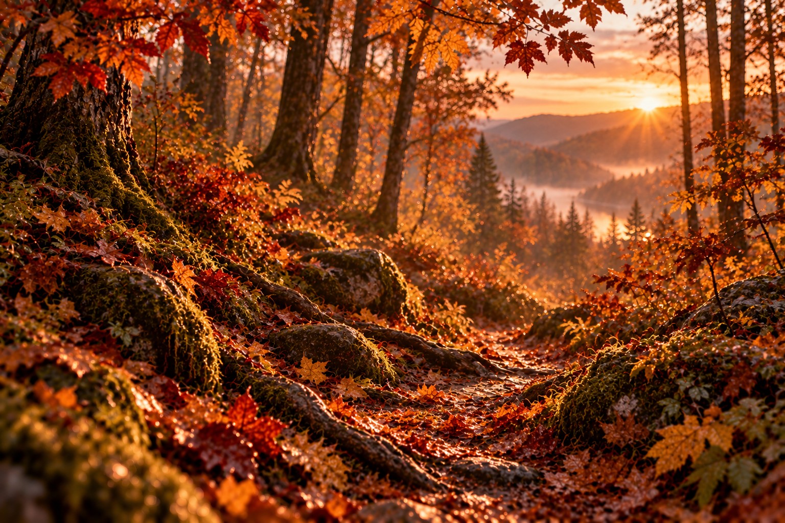 Ein vertrauter Waldpfad mit Herbstlaub und langen Schatten im tief stehenden Sonnenlicht