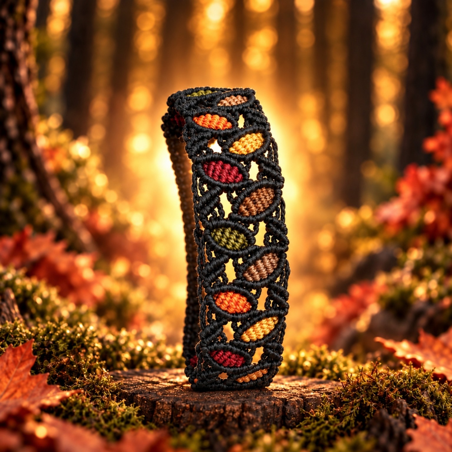 Epilog-II-Armband mit schwarzem Knotenmuster und sechs Herbstfarben, waagerecht im gedrehten Originalfoto