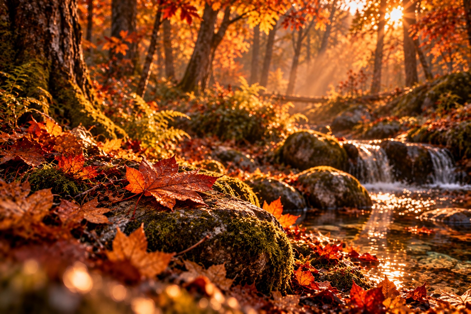 Rostfarbene Herbstblätter auf moosbewachsenen Steinen neben einem kleinen Waldbach