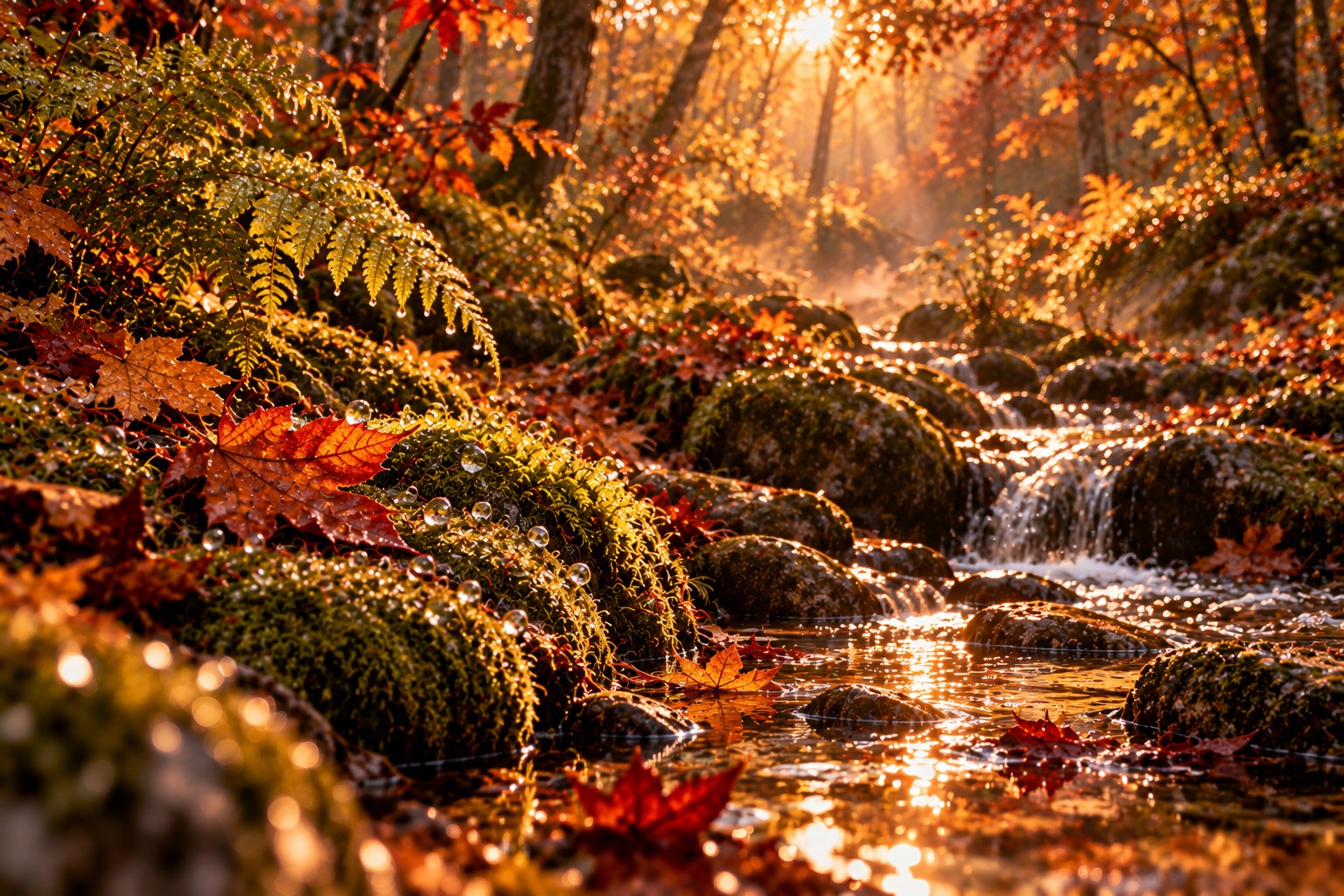 Farnwedel und feuchtes Moos an einem Waldbach im warmen Morgenlicht