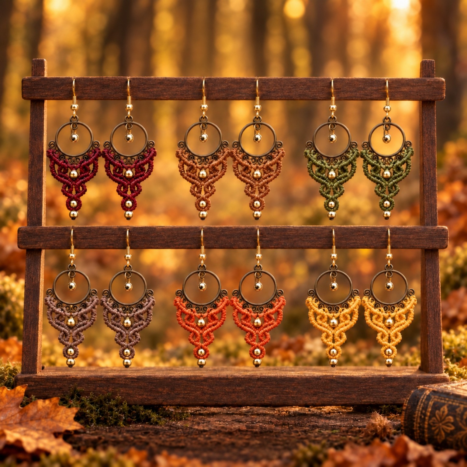 Untere Reihe mit drei Paaren Forest-Drop-Ohrringen in hellem Braun, Orange und Gelb