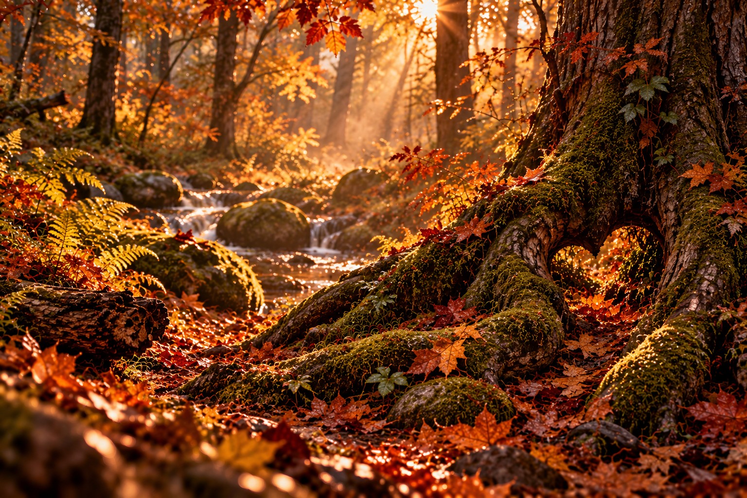 Mächtige moosbewachsene Baumwurzeln und Farne neben einem Bach im Herbstwald