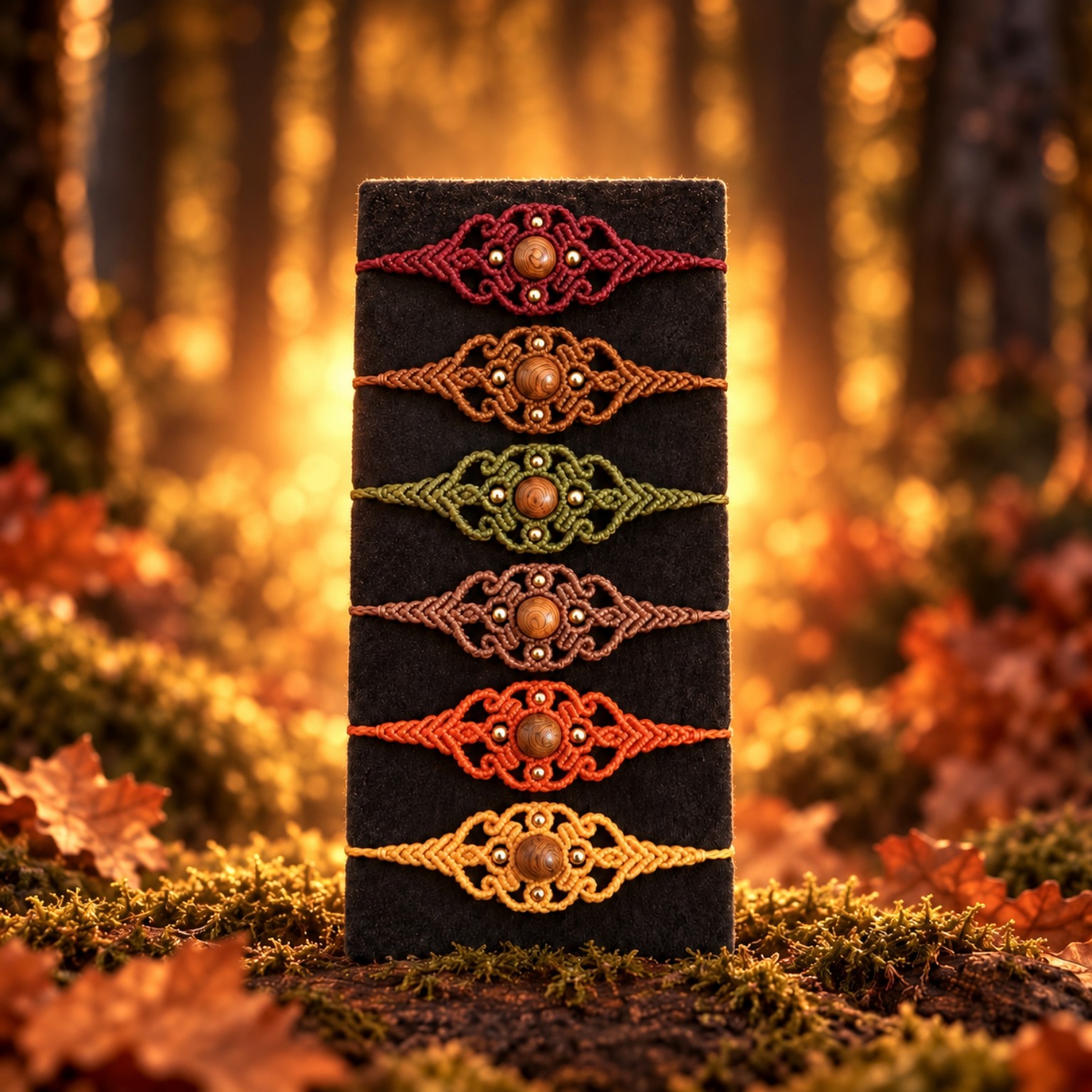 Sechs Hidden-Grove-Armbänder auf einer schwarzen Schmucktafel vor goldenem Herbstwald