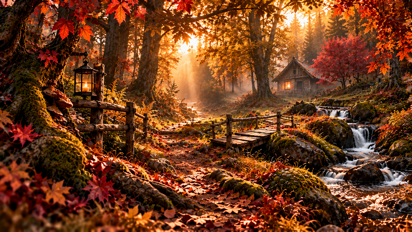 Ein Weg durch den Herbstwald mit Bach, kleiner Holzbrücke, Laterne und einer Hütte in der Ferne