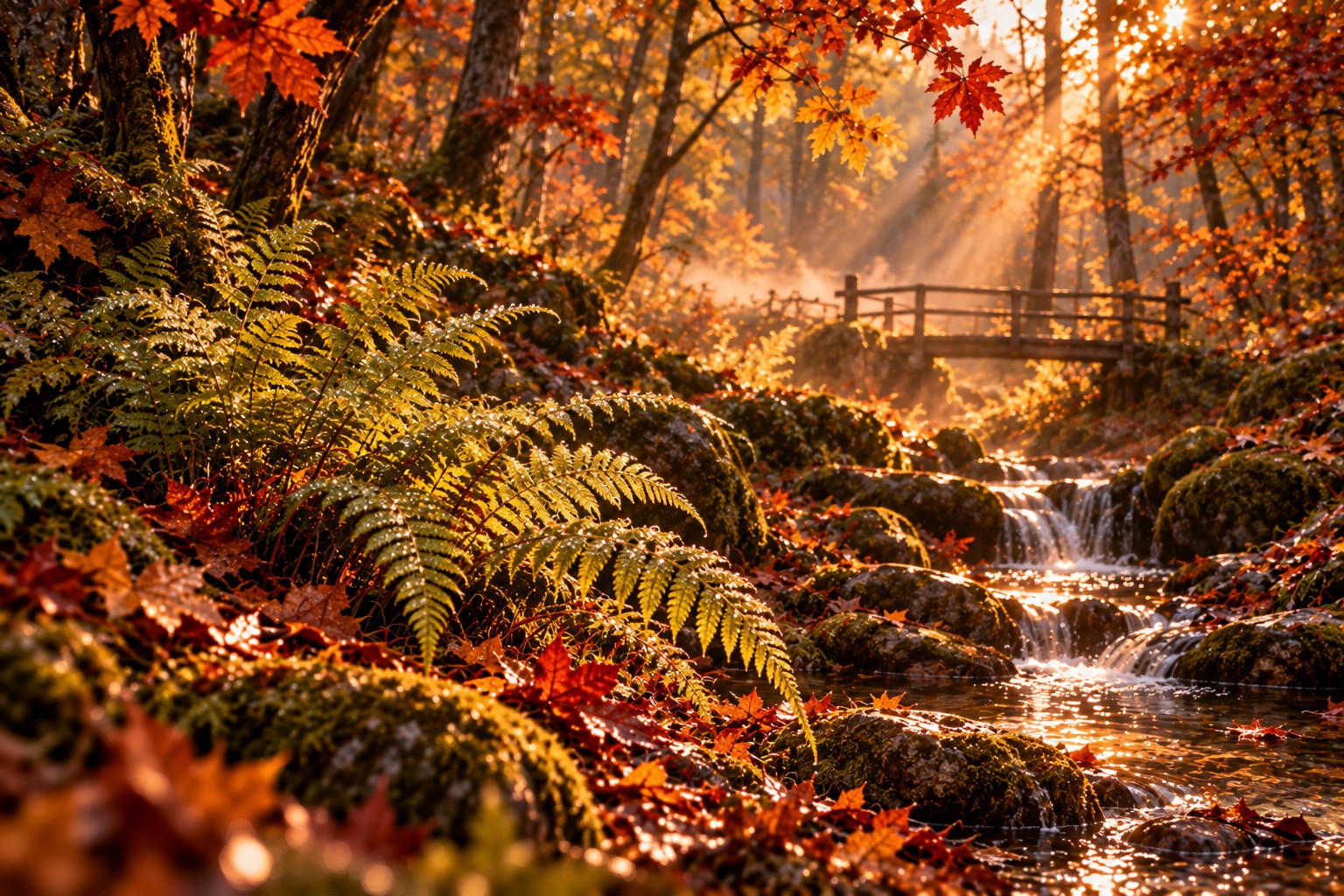 Dichte Farnwedel im Herbstwald neben einem Bach und einer kleinen Holzbrücke
