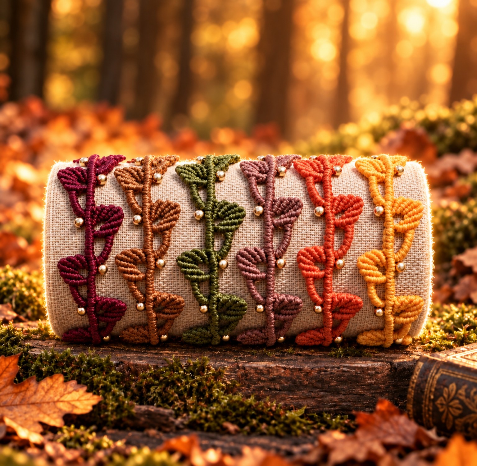 Sechs Woodland-Leaf-Armbänder vor herbstlichem Waldhintergrund