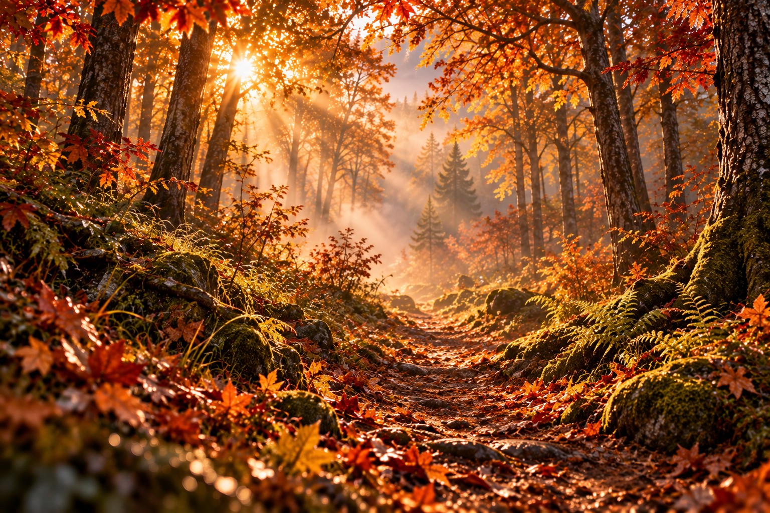Ein schmaler, laubbedeckter Waldpfad im goldenen Morgenlicht
