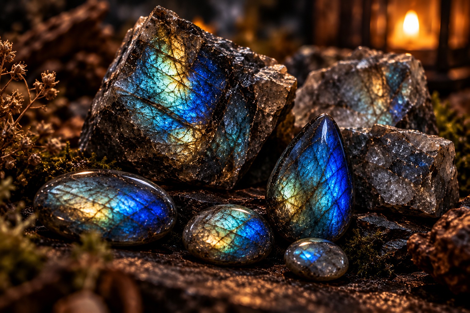 Labradorit in verschiedenen Formen: rohe Stücke, ovale Cabochons und ein Tropfen mit blaugrünem und goldenem Schimmer