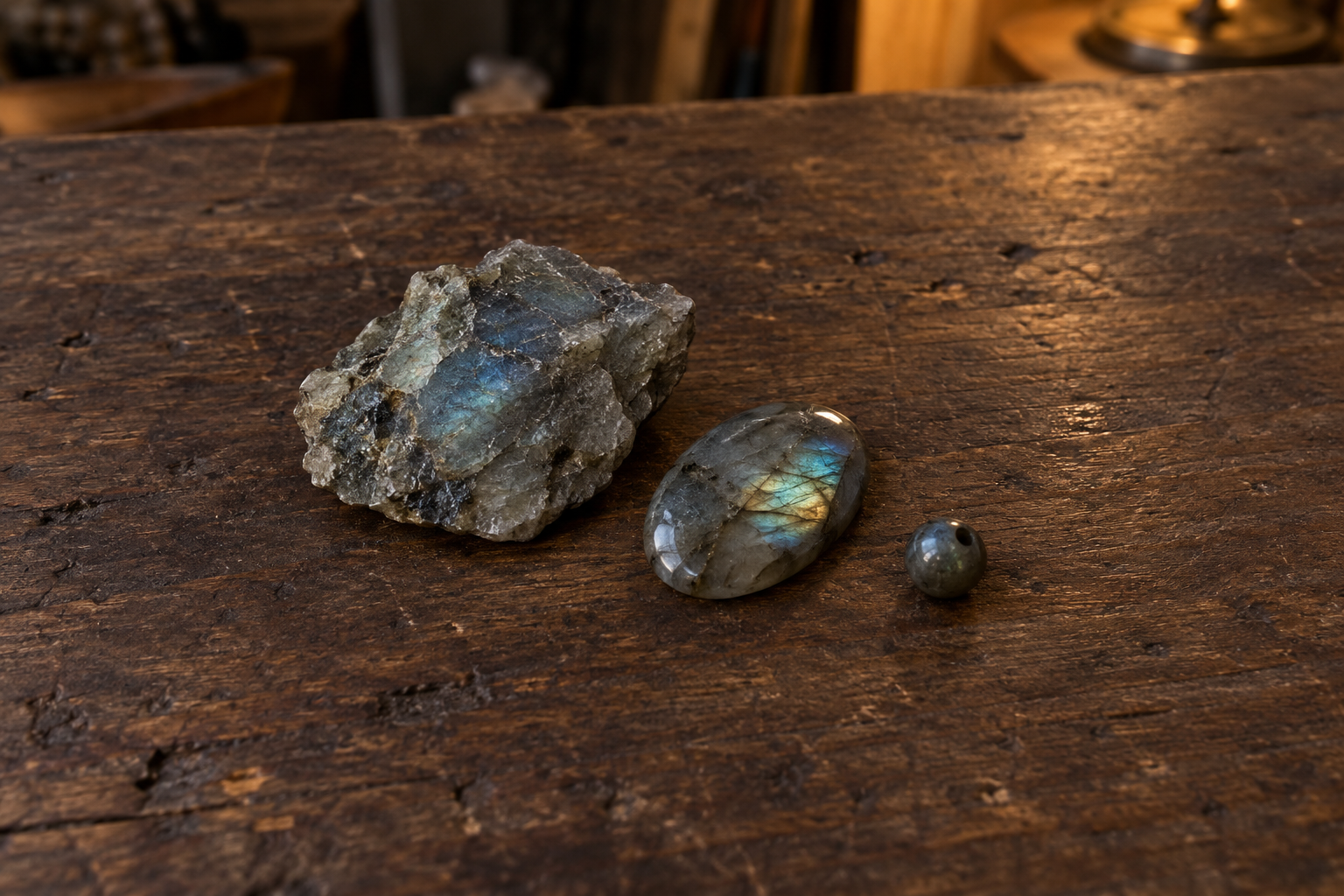 Labradorit als grauer Rohstein, polierter Cabochon mit dezentem Schimmer und einzelne Perle auf dunklem Werkstattholz
