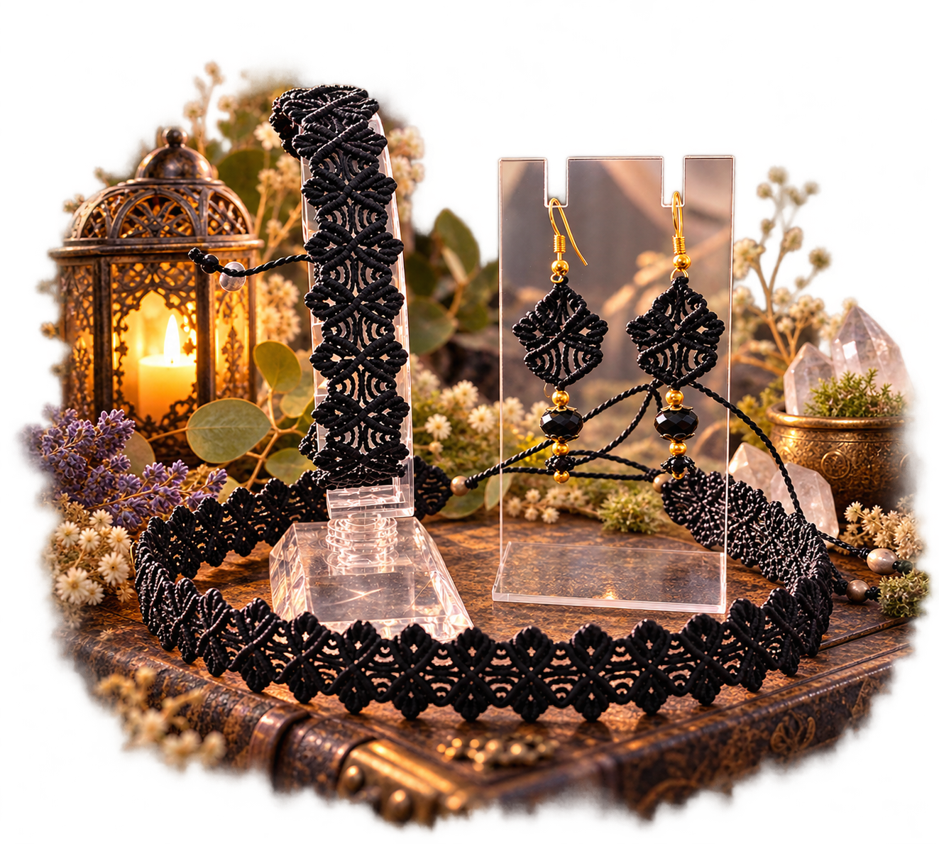 Schwarzer Makrameeschmuck mit goldenen Details, umgeben von Laternenlicht, Blüten und Kristallen