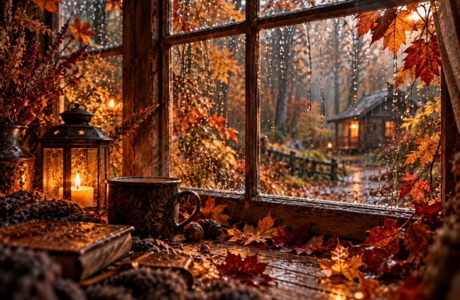 Regentropfen am Fenster, dahinter eine Hütte im goldenen Herbstwald