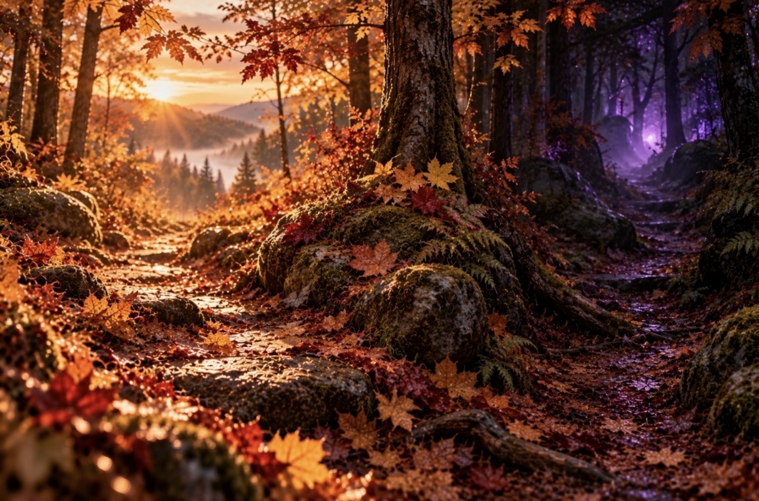 Ein verborgener Pfad zweigt vom warmen Herbstwald ins violette Dunkel ab