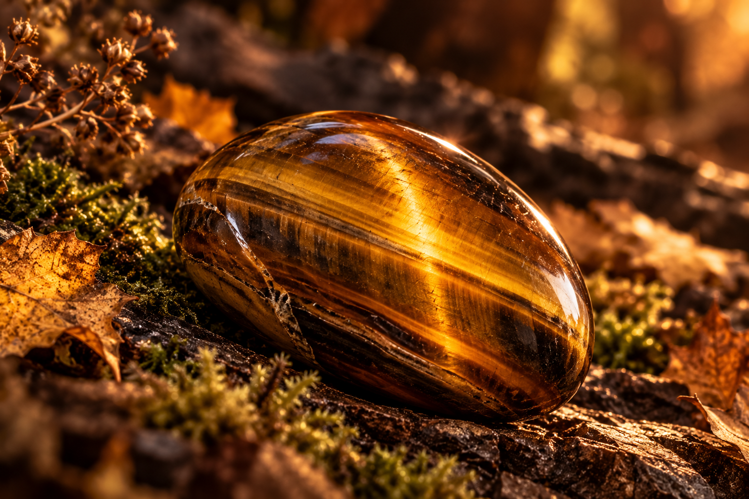 Ein goldbraunes Tigerauge mit seidigem Lichtschein auf moosigem Holz im warmen Herbstwald