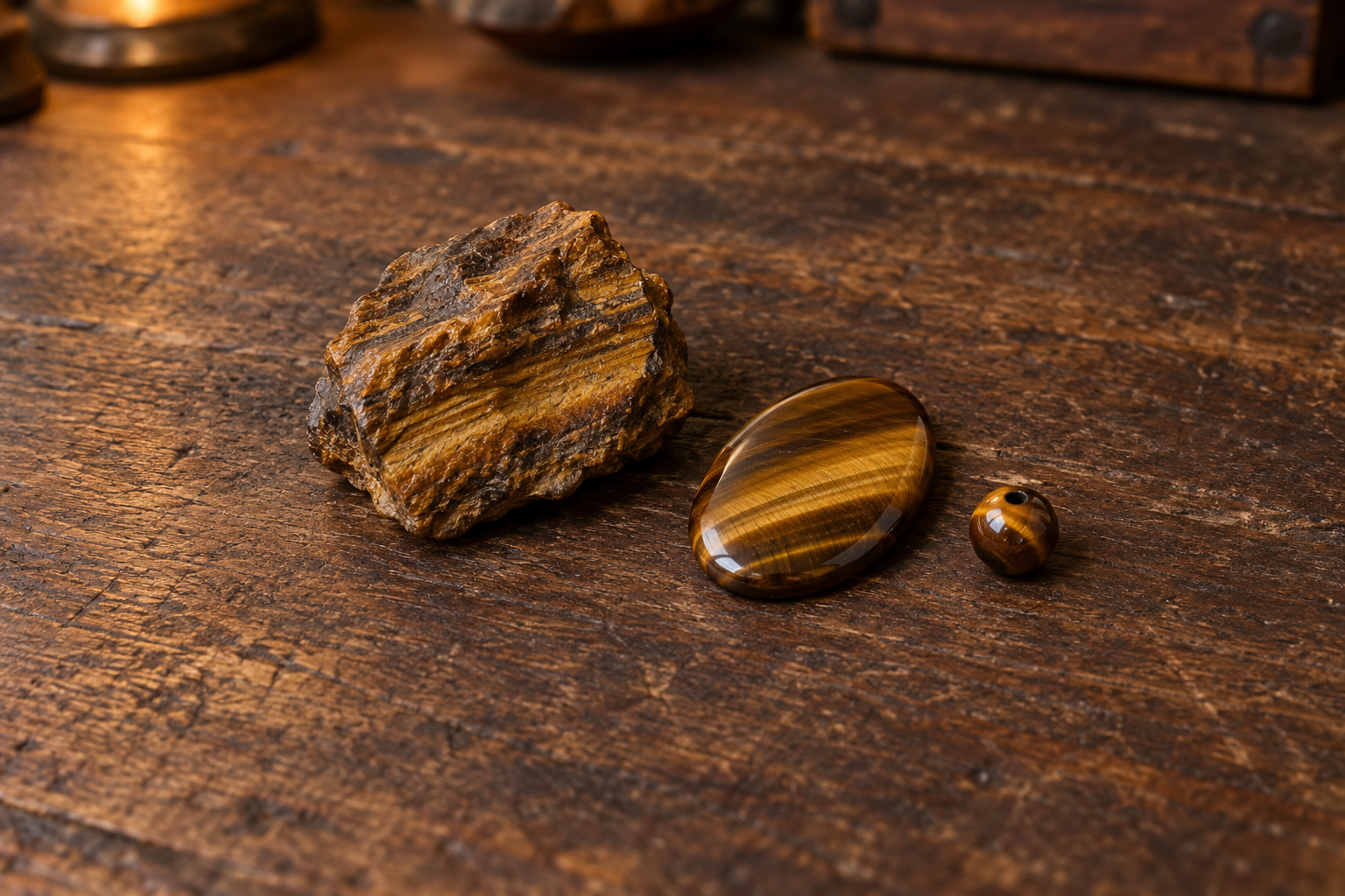 Tigerauge als Rohstein, braungoldener Cabochon und einzelne Perle auf dunklem Werkstattholz